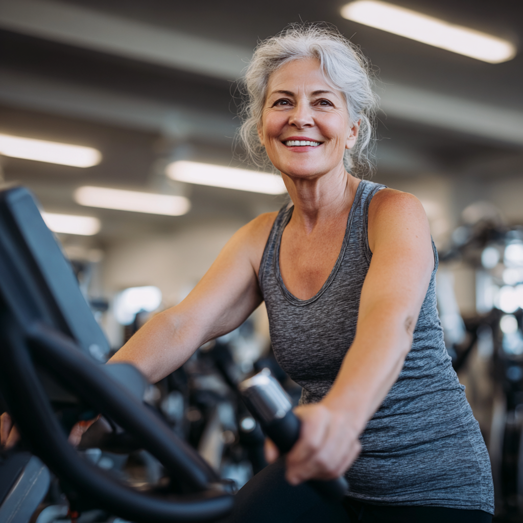 Жена на 58 години върху велоергометър, усмихната и енергична в светла фитнес зала