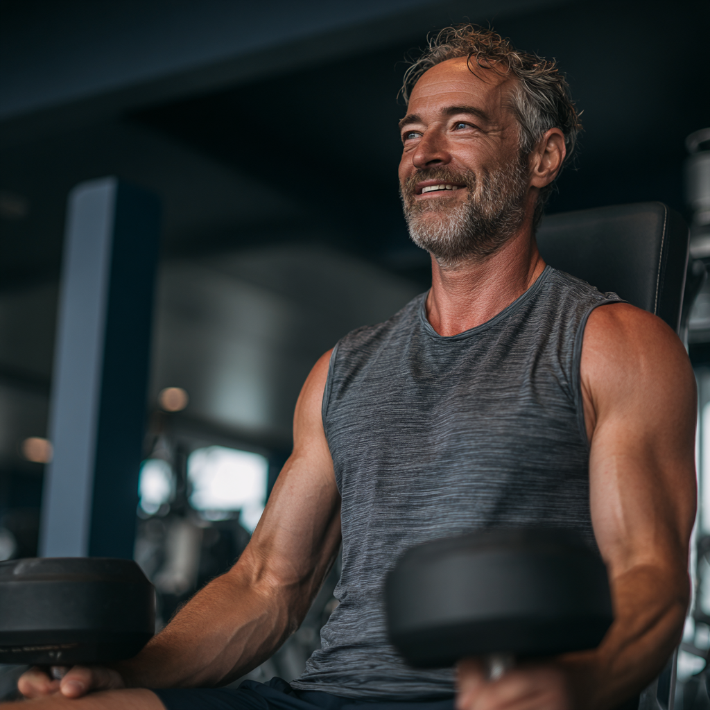 Мъж на 55 години повдига тежести в модерна фитнес зала, усмихнат и концентриран
