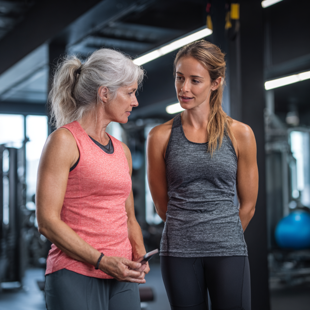 Треньор консултира жена на 52 години относно индивидуална фитнес програма в модерно студио